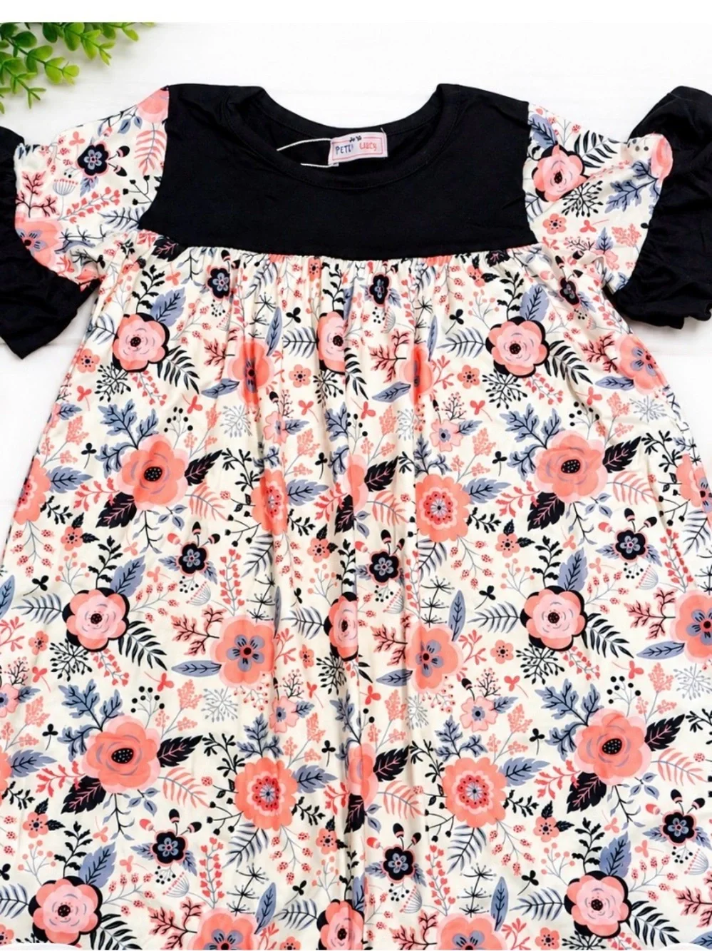 Girls Floral Pink and Black Puff-Sleeve Dress